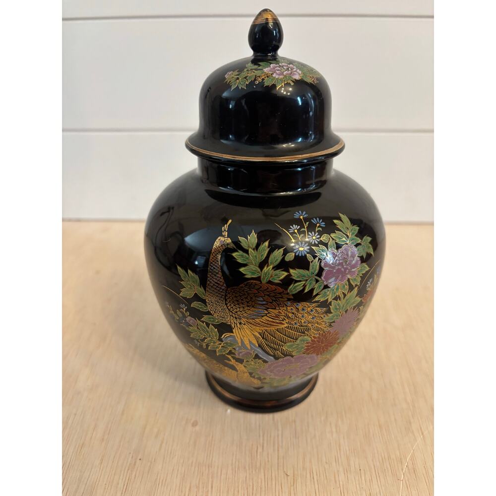 Interpur Japan Peacock & Flowers Porcelain Ginger Jar Vase Black W/Gold Trim 8”
